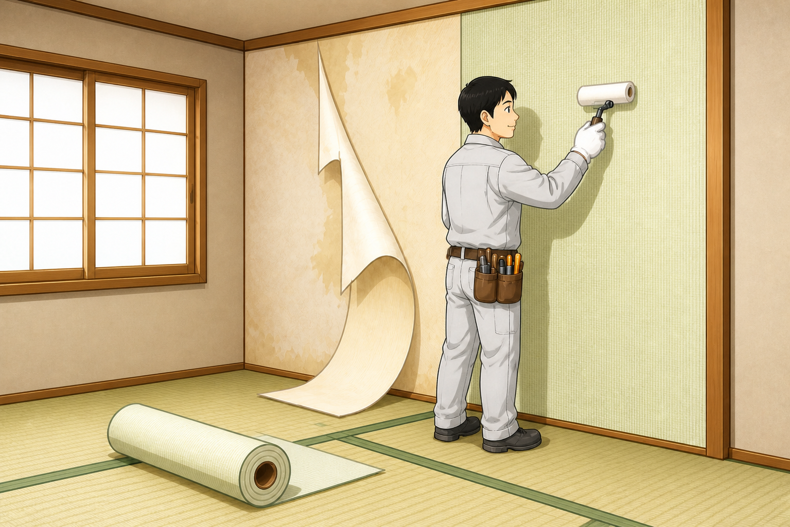 写真2のタッチで、室内のクロスを張り替える職人