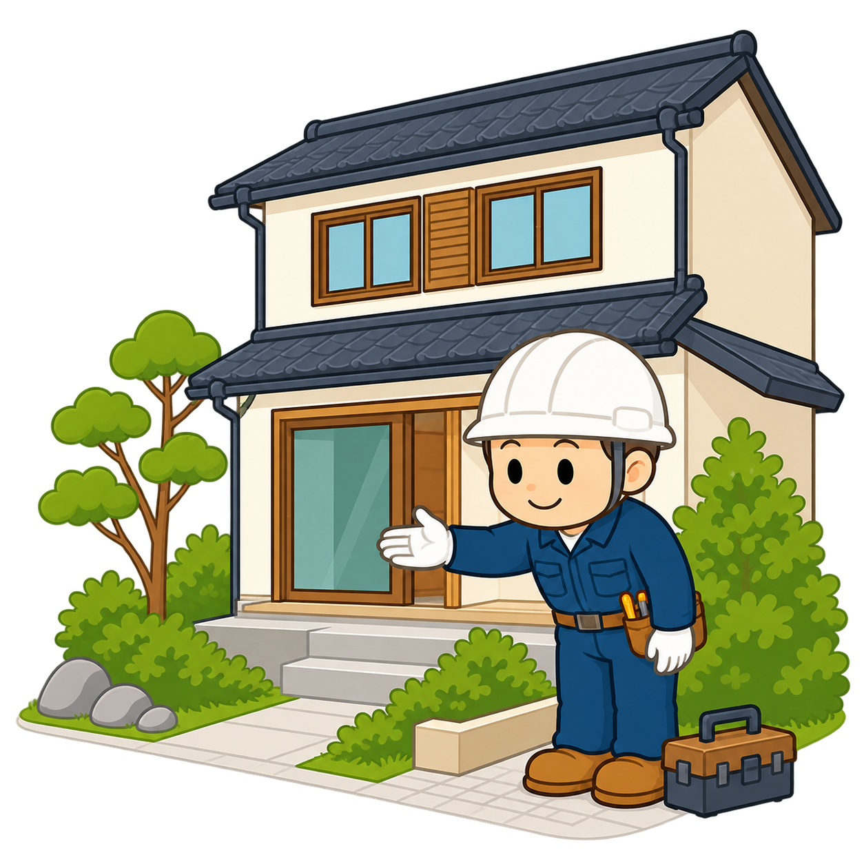 改修した住まいの前で相談を案内する職人