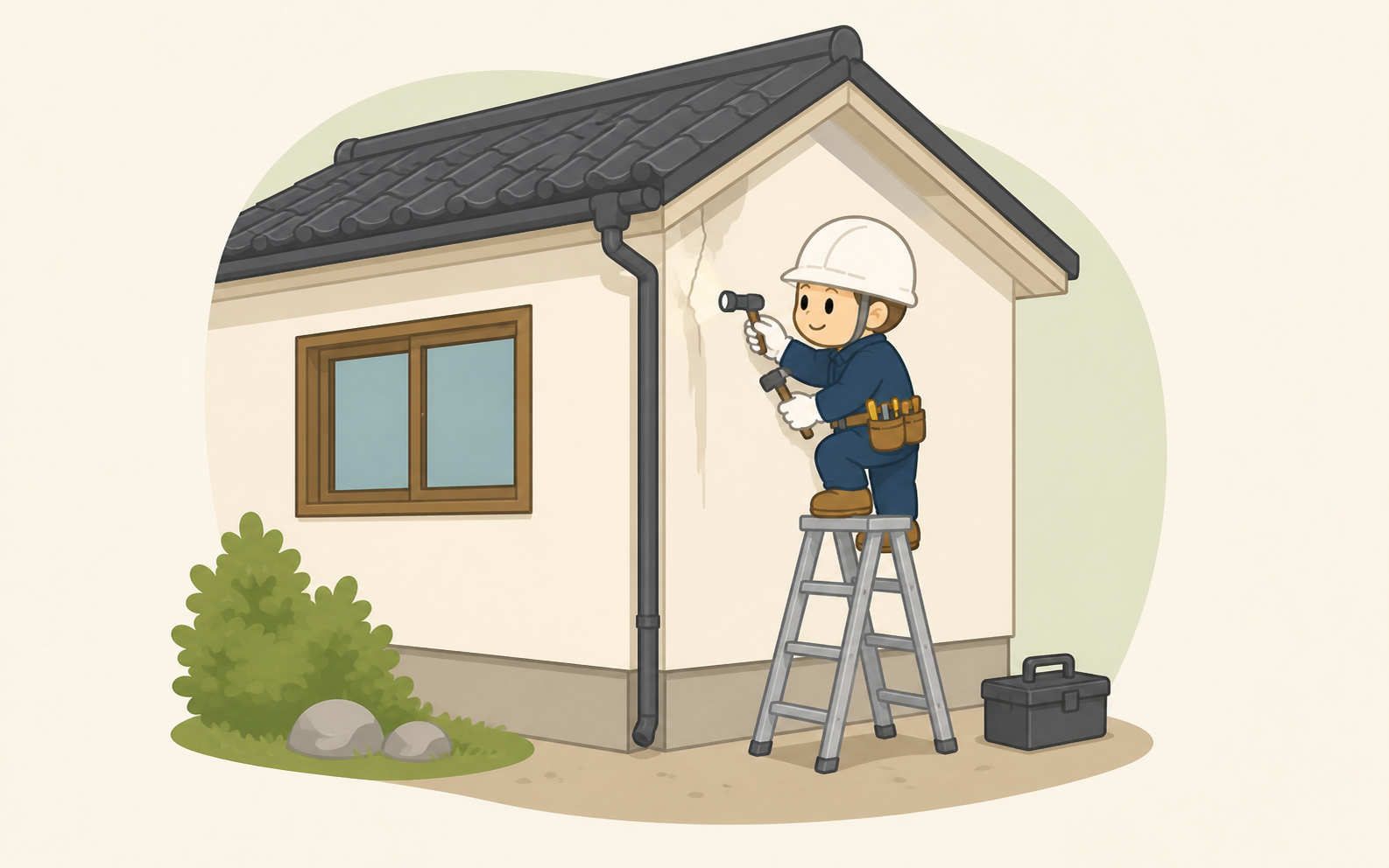 外壁のひびや雨どいを打診と目視で点検する職人